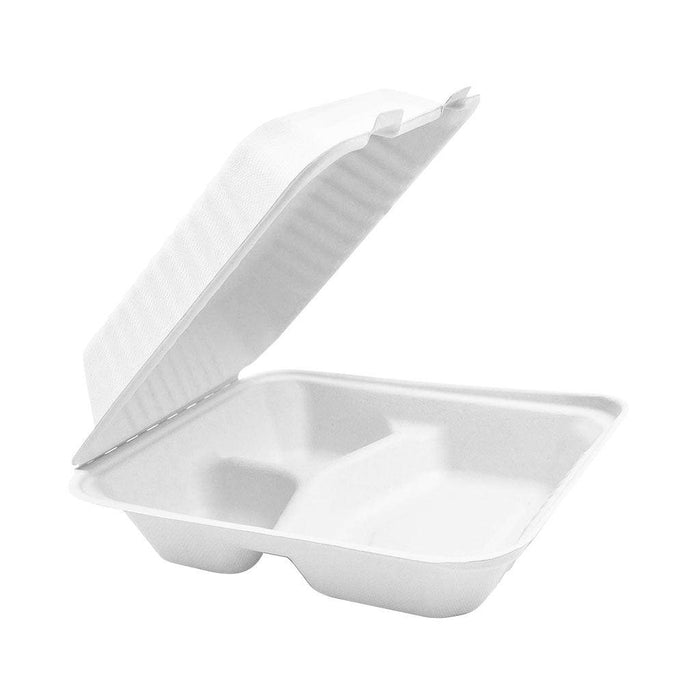 Fibre Hinged Lid Bagasse Container - 3 Compartment - 200 pack - The Rag Factory