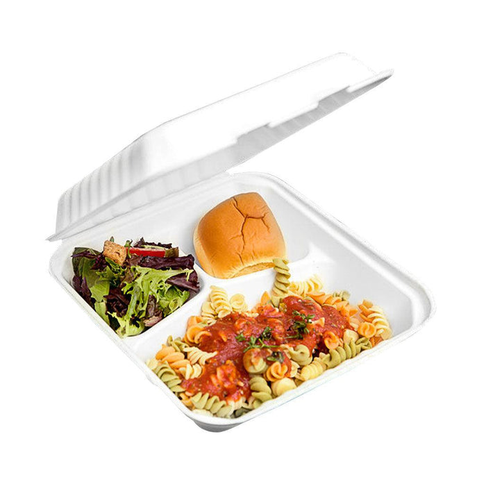 Fibre Hinged Lid Bagasse Container - 3 Compartment - 200 pack - The Rag Factory