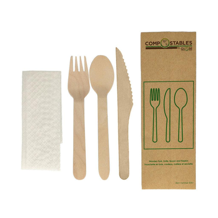 Wood Fork, Knife, Spoon and Napkin in Paper Bag - 500 pack - The Rag Factory